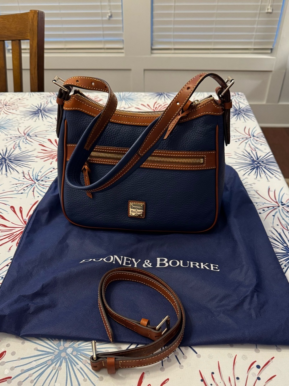 Dooney & Bourke Navy with Brown Trim Pebbled Leather Shoulder Bag